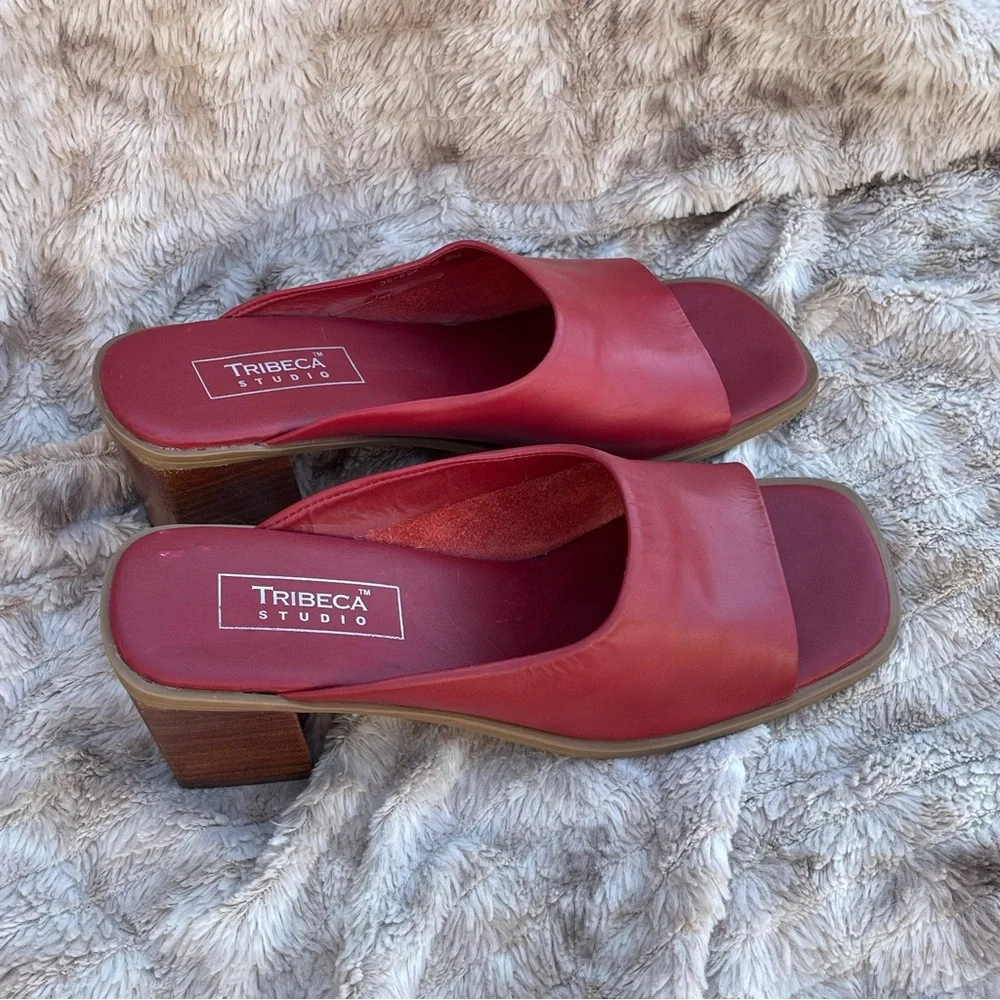 TRIBECA Studio Red Slide Sandals with Low Block Heel - Picture 6 of 8